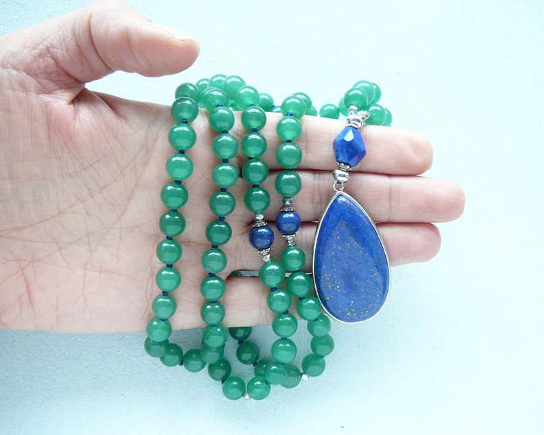 Green Aventurine Mala Lapis Lazuli Pendant Necklace for Mom Gift for Women 108 Mala Necklace Knotted Green Blue Long Necklace Yoga Jewelry image 3