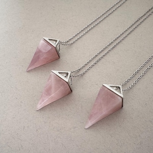 Pyramid Quartz Crystal Necklace Rose Quartz Pendant Everyday Necklace Rose Quartz Stone Pendant for Women Gemstone Necklace Girlfriend gift