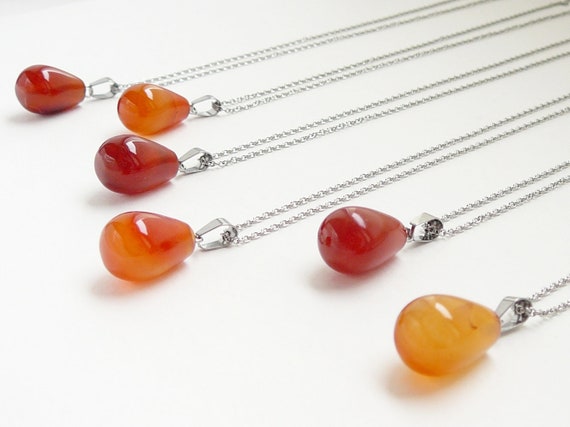 Pendentif Goutte En Cornaline Rouge Orangé - Chaînette Offerte, Très Bon état