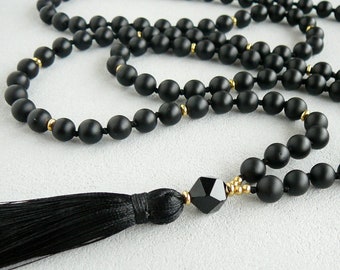 Black Tassel Necklace Long Black Womens Necklaces Matte Black Onyx 108 Mala Bead Necklace for Women Yoga Gift Hand Knotted Long Tassel Mala