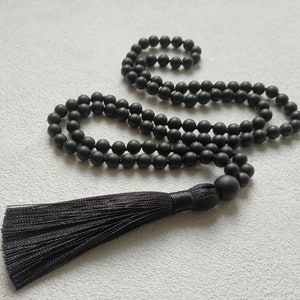 Black Onyx Mala Necklace 108 Mala Bead Necklace for Man Women Hand Knotted Black Long Necklace Tassel Mala Mens Necklace Yoga Gift for Him