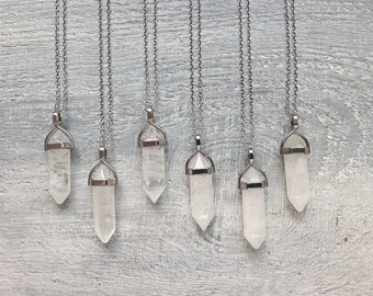 Clear Quartz Pendant Necklace, Crystal Necklace, April Birthstone Gift, Aries Necklace, Natural Quartz Necklace, Silver Point Necklaces