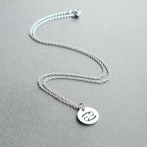 Op de afbeelding: Een zilveren ketting met een ronde hanger met het sterrenbeeld Kreeft.