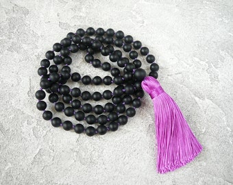 Black Mala Necklace 108 Mala Fuchsia Tassel Necklace Hand Knotted Matte Black Onyx Necklaces Long Bohemian Necklace Gift for Sister for Her