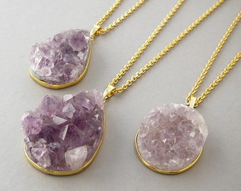 Amethyst Druzy Necklace, Raw Amethyst Crystal Pendant, Women Healing Necklaces, Gold Amethyst Slice Necklace, February Birthstone Necklace