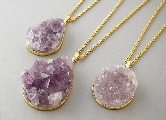 Amethyst Druzy Necklace, Raw Amethyst Crystal Pendant, Women Healing Necklaces, Gold Amethyst Slice Necklace, February Birthstone Necklace