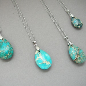 Blue Sea Sediment Jasper Pendant Necklace Natural Imperial Jasper Long Silver Necklace for Men Women Gift Natural Gemstone Teardrop Pendant