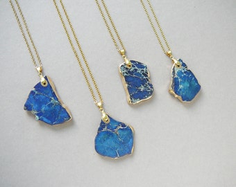 Regalite Necklace Natural Blue Gold Jasper Pendant Imperial Jasper Long Boho Necklace for Women Gift Large Blue Stone Pendant Necklaces