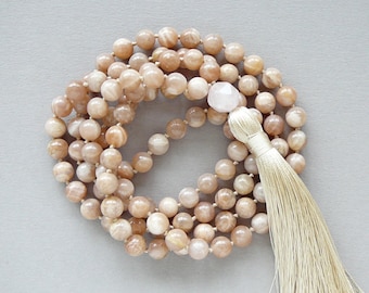 Sunstone Mala Long Necklaces for Women 108 Mala Beads Tassel Necklace Yoga Gift Hand Knotted Sun Stone Necklace Meditation Energy Jewelry