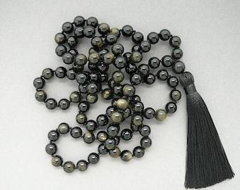 Obsidian Mala Necklace Gold Sheen Obsidian 108 Mala Necklace Black Tassel Necklace 8mm Hand Knotted Black Necklace for Man Women Yoga Gift