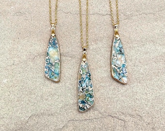 Imperial Jasper Necklace, Turquoise Blue Pendant with Gold Veins, Long Teardrop Stone Jewelry