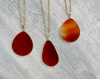 Carnelian Necklace, Genuine Carnelian Drop Pendant, Red Carnelian Gold Necklace, Orange Gemstone Necklace for Women, Carnelian Jewelry Gift