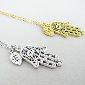 Hamsa necklace, Gold or silver hamsa, Long letter necklaces for women, Hamsa hand pendant, Hand of Fatima necklace, Initial necklace gift