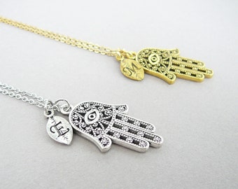 Hamsa necklace, Gold or silver hamsa, Long letter necklaces for women, Hamsa hand pendant, Hand of Fatima necklace, Initial necklace gift