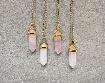 Natural Rose Quartz Necklace, Pink Quartz Gold Pendant, Chakra Jewelry, Genuine Rose Quartz Jewelry, Yoga Gift for Women, Long Necklace