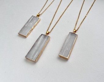 Selenite Gold Necklace, Big Selenite Pendant, Raw Selenite Crystal