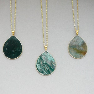 Moss Agate Drop Necklace Moss Agate Gold Necklace Dark Green Moss Agate Pendant Long Gemstone Boho Necklace Womens Gift Moss Agate Jewelry