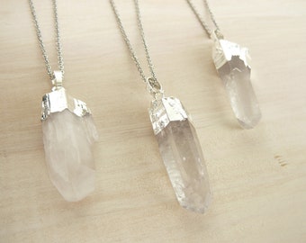 Raw Clear Crystal Point Necklace Healing Crystals Necklace for Women Necklace Stone Pendant Natural Quartz Long Crystalline Silver Necklace