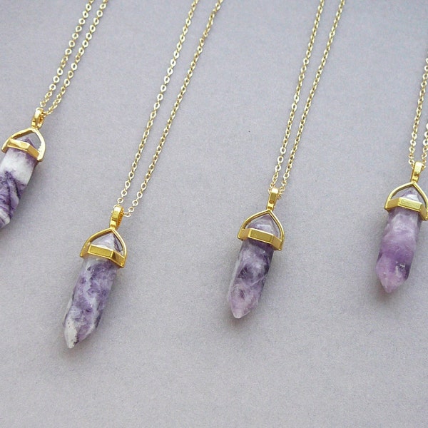 Charoite ketting, Charoite Crystal Point hanger, vrouwen edelsteen kettingen, paars gouden ketting, helende edelsteen ketting, stenen sieraden