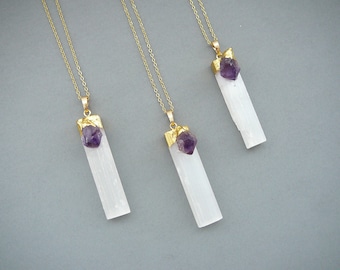 Selenite Necklace Amethyst Crystal Necklace Gold Raw Selenite Necklaces Selenite Amethyst Pendant Healing Crystal Necklaces for Womens Gift