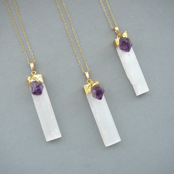 Selenite Necklace Amethyst Crystal Necklace Gold Raw Selenite Necklaces Selenite Amethyst Pendant Healing Crystal Necklaces for Womens Gift