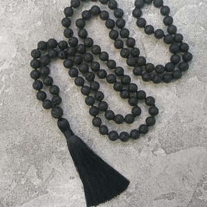 Lava Mala Necklace Black Lava 108 Mala Necklace for Man Women Yoga Gift Lava Rock Necklace Knotted Long Necklace Mala Tassel Mens Necklace