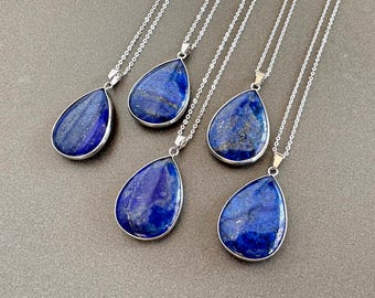 Stort lapis lazuli-halsband, blått silverdroppehänge, naturliga lapis lazuli-smycken, septembergåva, stort blått hängehalsband långt halsband