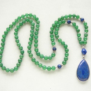 Green Aventurine Mala Lapis Lazuli Pendant Necklace for Mom Gift for Women 108 Mala Necklace Knotted Green Blue Long Necklace Yoga Jewelry image 6