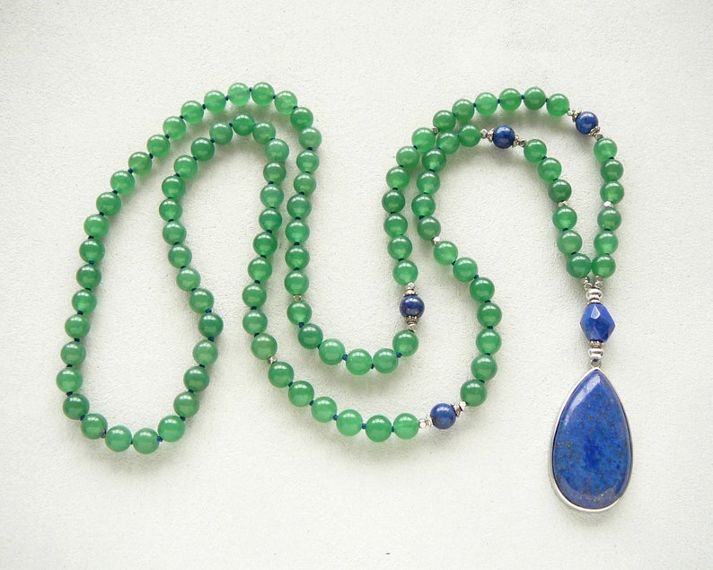 Green Aventurine Mala Lapis Lazuli Pendant Necklace for Mom Gift for Women 108 Mala Necklace Knotted Green Blue Long Necklace Yoga Jewelry image 6