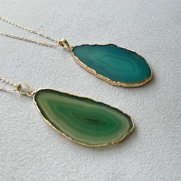 Green Agate Necklace, Big Slice Agate Pendant Necklace, Gift for Wife, Mens Womens Green Stone Pendant, Layering Long Green Boho Necklace