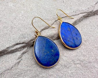 Lapis Lazuli Earrings, Blue Teardrop Dangle Earrings, Natural Gemstone Jewelry, Indigo Gold Drop