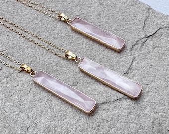 Rose Quartz Necklace, Rose Quartz Pendant, Rose Quartz Rectangle Crystal, Natural Rose Quartz, Long Pink Gold Necklace, Rose Quartz Jewelry