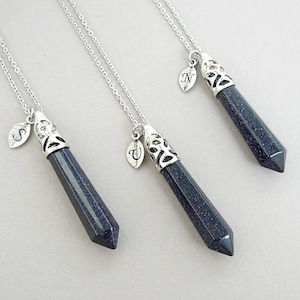 Blue goldstone necklace, Blue sandstone pendant, Silver letter necklace, Gift for sister, Long necklace for women, Dark blue indigo necklace