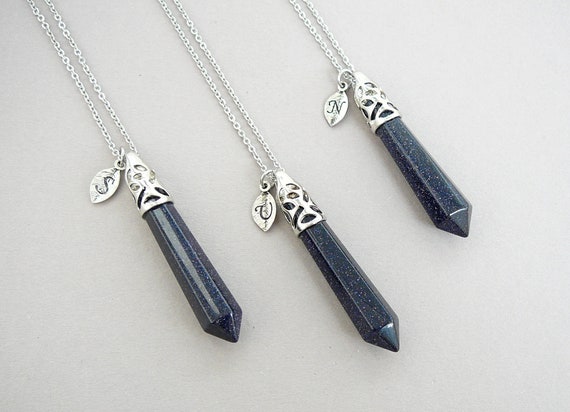 Blue Goldstone Necklace Blue Sandstone Pendant Silver Letter