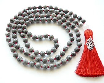 Mala Necklaces 108 Mala Beads Hand Knotted Long Necklace Natural Silver Leaf Jasper Necklace Red Tassel Grey Mala Yoga Necklace Jewelry Gift