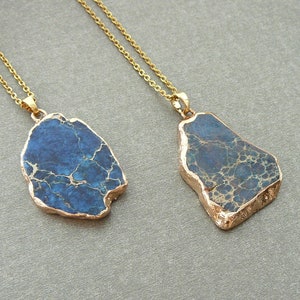 Blue Regalite Necklace Natural Regalite Slice Pendant Long Gold Necklace for Women Gemstone Jewelry Gift Large Blue Stone Pendant Necklaces