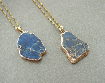 Blue Regalite Necklace Natural Regalite Slice Pendant Long Gold Necklace for Women Gemstone Jewelry Gift Large Blue Stone Pendant Necklaces