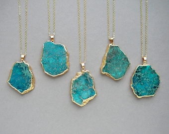 Blue Jasper Necklace Turquoise Jasper Pendant Long Necklace Large Blue Regalite Gold Stone Necklaces Imperial Jasper Jewelry Gift for Women