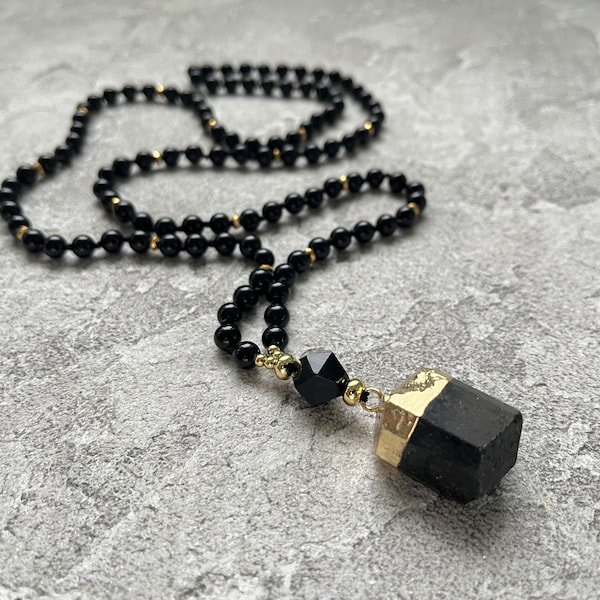 Black Necklace, Long Black Agate Gold Necklaces for Women for Man, Raw Tourmaline Pendant Necklace, Hand Knotted 6mm Black Onyx Necklace