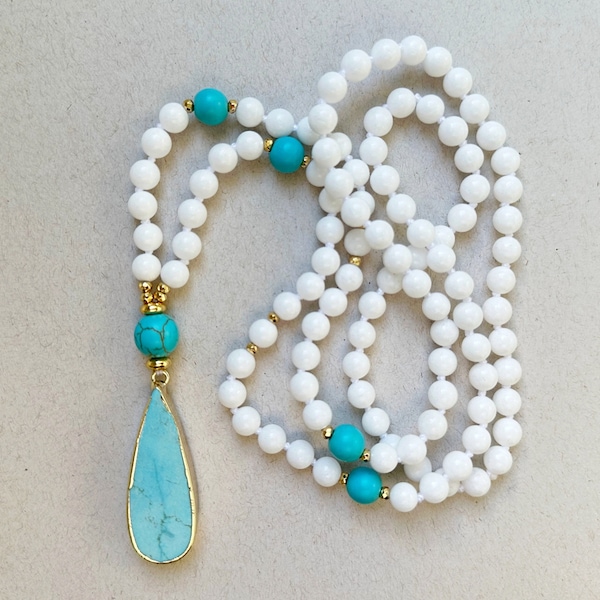 White Jade Necklace, Blue Turquoise Necklace, Hand Knotted, White Blue Gold Mala Necklace, Long Necklace for Women Gift, Yoga Jewelry Gift