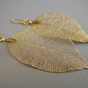 May include: A pair of gold-colored leaf earrings. The earrings are shaped like large leaves with intricate vein detailing. The earrings hang from gold-colored ear wires. The background is a solid gray.