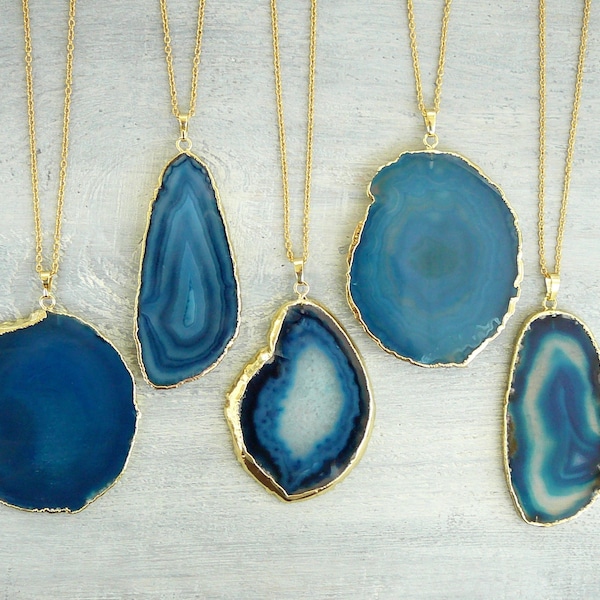 Grand collier en agate, pendentif en agate bleue tranche pour femme, gros colliers longs en agate pour femme, pendentif en pierre précieuse en or bleu, bijoux en agate dorée