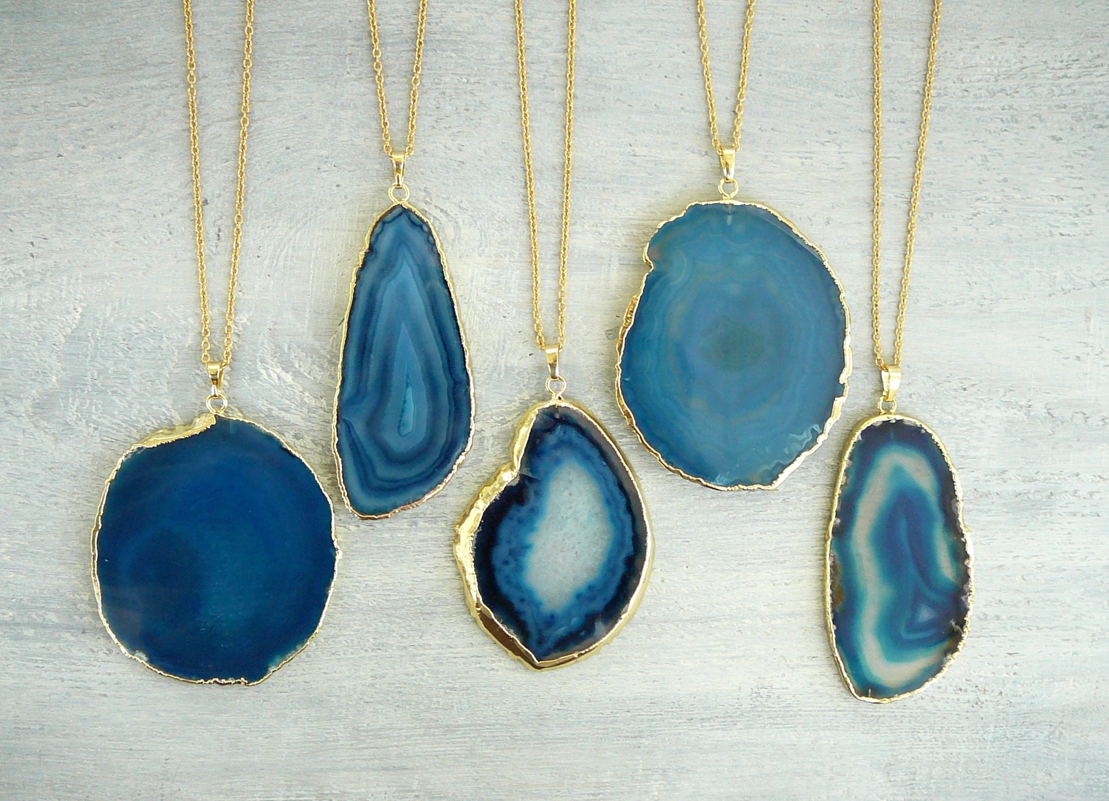 Large Agate Necklace, Slice Blue Agate Pendant for Women, Big