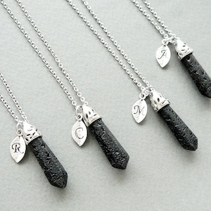Lava necklace Black lava pendant Silver letter necklace Gift for men women necklace Personalized black stones necklace Volcanic lava rock