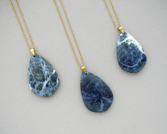 Collier Sautoir Long En Pierre De Sodalite, Occasion - Bijou Pierre Naturelle, Style Bohème Ou élégant
