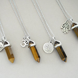 Tiger Eye Necklace, Lotus Necklace, Tigers Eye Crystal Point Pendant, Om Necklace, Tree of Life Necklace, Yoga Jewelry, Gift for Men Women