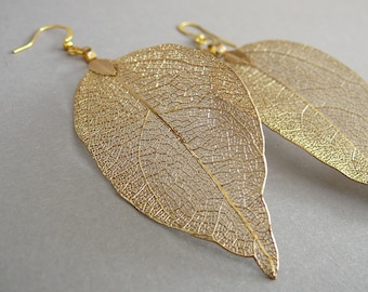 Gold Leaf Earrings Gold Dipped Leaf Gold Plated Real Leaf Earrngs for Girl Jewelry Boho Chic Gift Gold Leaves Earrings for Women Gift Idea