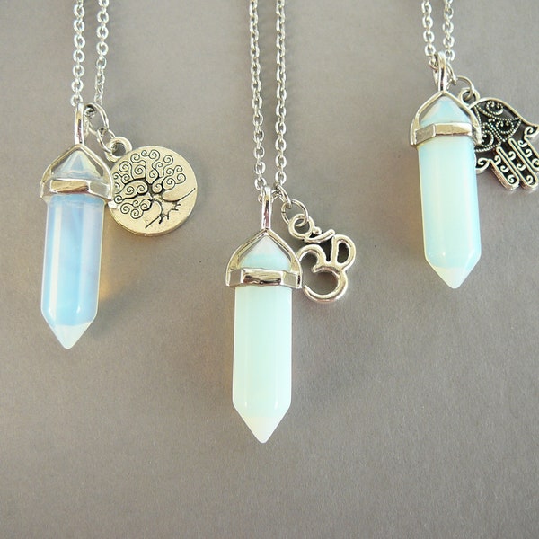 Opalite Crystal Point Pendant, Tree of Life, Om, Hamsa Necklaces Pendant for Women Yoga Gift Idea for Sister Silver Long Chain Necklace Mom