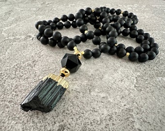 Black Agate Necklace, Long Black Onyx Gold Necklace, Raw Tourmaline Pendant Necklace, Gift for Women for Man, Hand Knotted 6mm Mala Necklace