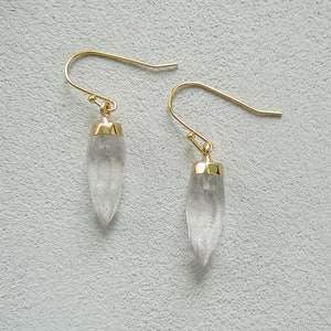 Clear Quartz Gold Earrings, April Birthstone Gift for Women, Gemstone Crystal Earrings, Clear Quartz Jewelry, Gold Quartz Earrings for Women